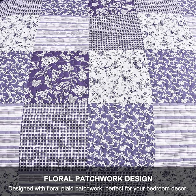 Mybedsoul Boho Quilt King Size, Patchwork Floral Bedding Set, Purple | Soft Lightweight Microfiber Coverlet Set, 3 Pieces Plaid Reversible Bedspread, Bed Sets for All Seasons 90"x110"