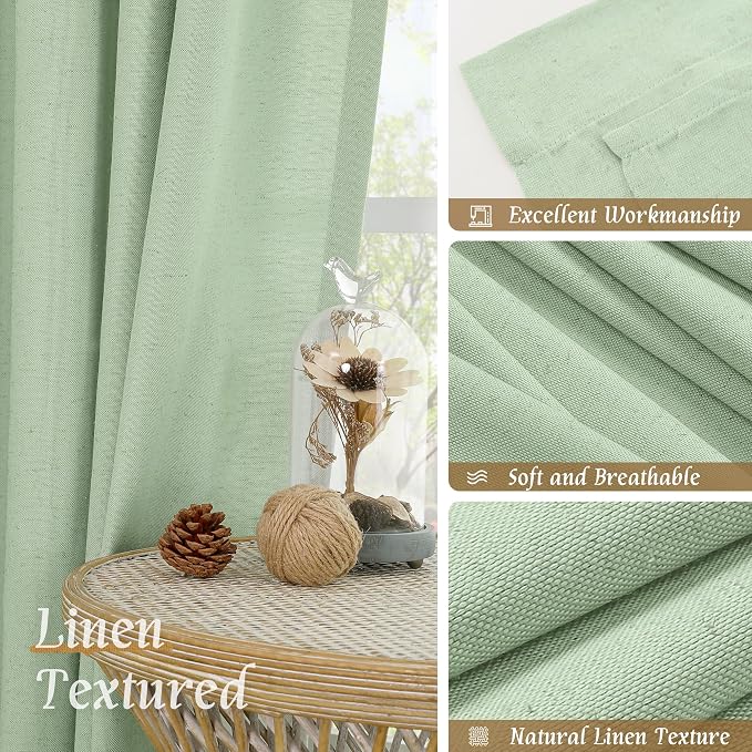 Light Filtering Linen Curtains 84 Inch for Living Room 2 Panels | Semi Sheer, Neutral, Privacy Protected, Boho Drapes for Farmhouse, Sliding Glass Door, Rod Pocket, 52 x 84 Inch, Light Green