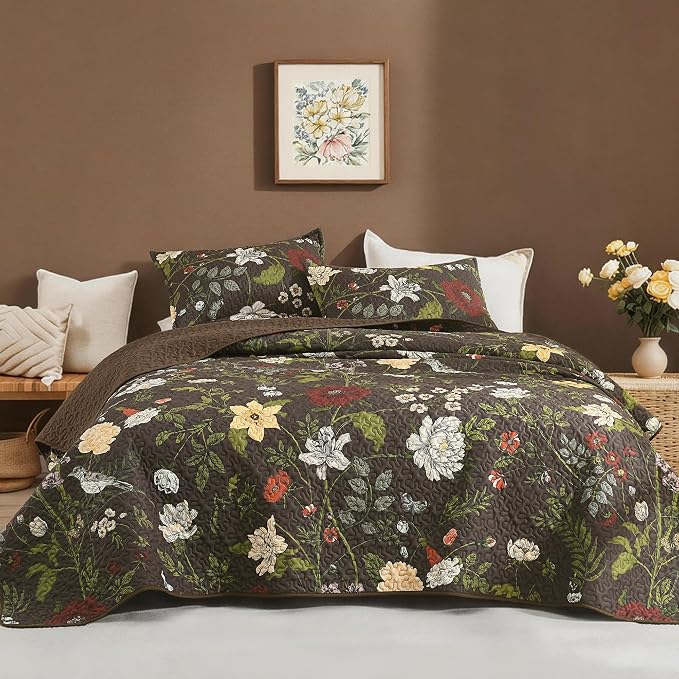 Litanika Floral Dark Brown Quilt Queen - 3Pcs Botanical Birds Bedding Set | Bedspread Summer Lightweight Soft Coverlet with Red Flower for All Seasons (96"x90")