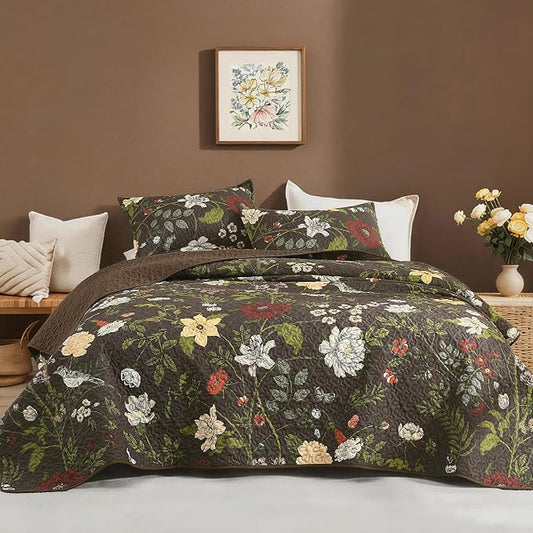 Litanika Floral Dark Brown Quilt - 3Pcs Botanical Birds Bedding Set | Bedspread Summer Lightweight Soft Coverlet with Red Flower for All Seasons (112"x104")