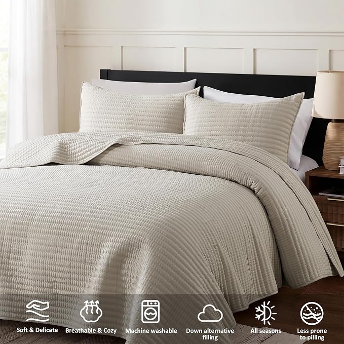 WDCOZY Twin Size Pick Stitch Quilt Set, 2 Pieces 68x90 inches, Beige | Striped Lightweight Bedspread, Channel Farmhouse Coverlet, Thin Bedding Comforter, All Season Summer Spring, 1 Pillow Sham