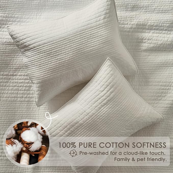 palassio Striped Beige 100% Cotton Quilt Queen Size Bedding Sets, Lightweight Crinkly Channel Pick Stitch Textured Bedspread Soft Shabby Chic Farmhouse Country Coverlet for All Season, 2 Shams