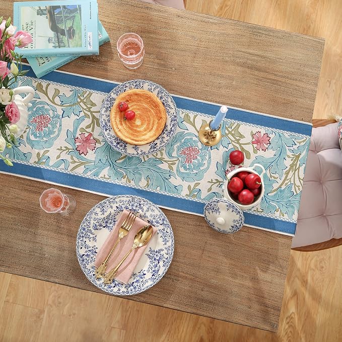 Patdrea Designer Vintage French Linen Table Runner,12"X102"-from | Tablerunner 102 Inches Long,Elegant Blue Floral Pattern,Thanksgiving Dining Table Decor for Living Room Banquet