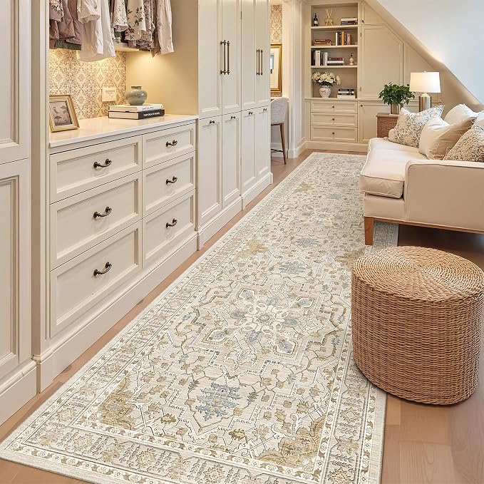 Madane Hallway Runner Rug 3x12 Washable Kitchen Runners 12ft, Beige/Blue | Vintage Non Slip Area Rugs for Hallways, Soft Low-Pile Thin Farmhouse Wide Floor Carpet for Entryway Foyer Bathroom Bedroom