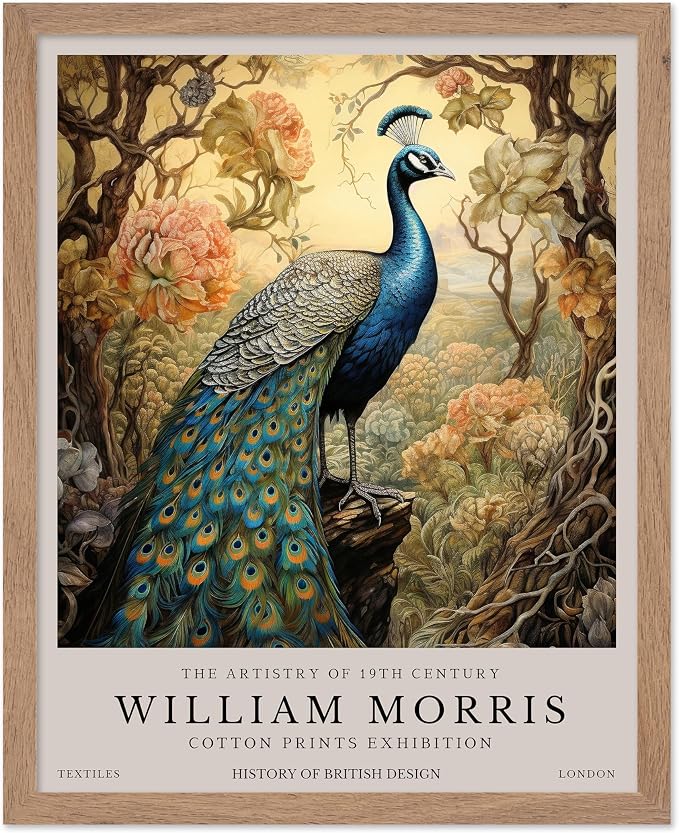 Poster Master William Morris Poster - Peacock Print - Bird Art - Botanical Design - Flower Art - Exhibition Display - Animal Illustration - Floral Design - Aesthetic Office or Bedroom Decor - 16x20 Beige Framed