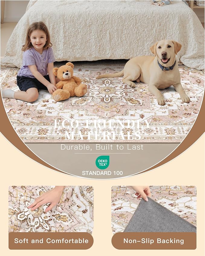 Madane Washable Area Rug 2x3 Small Entryway Rugs Non-Slip, Pink | Vintage Stain-Resistant Door Mat Indoor Entrance, Low Pile Floor Carpet for Inside Front Bedroom Kitchen Entry Laundry, Stair