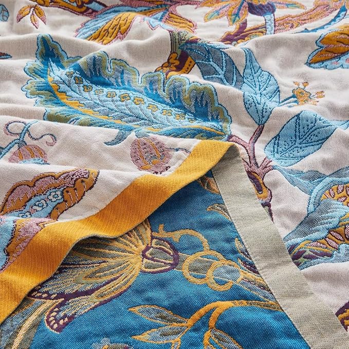 Boho Throw Blanket for Bed 100% Cotton Bohemian Blankets Ultra Soft Woven Muslin Decorative Blankets All Seasons Vintage Quilt Knitted Blanket for Sofa Chair(Beige, 90"x98")