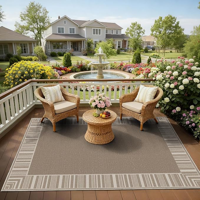 COZYLOOM Easy Jute Area Rugs 9x12 Large Living Room Rug with Rubber Backing, Washable Stain Resistant Bordered Rug Non Shedding Neutral Striped Farmhouse Carpet for Bedroom, Patio, RV, Beige Brown
