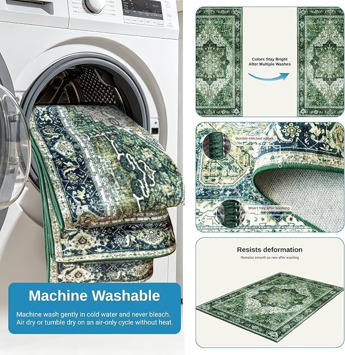 Green 5x7 Washable Rug for Living Room, Non Slip Carpet for Bedroom | Soft faux wool, machine washable & stain resistant. Non-slip rubber backing, low pile. For living room, bedroom, office.