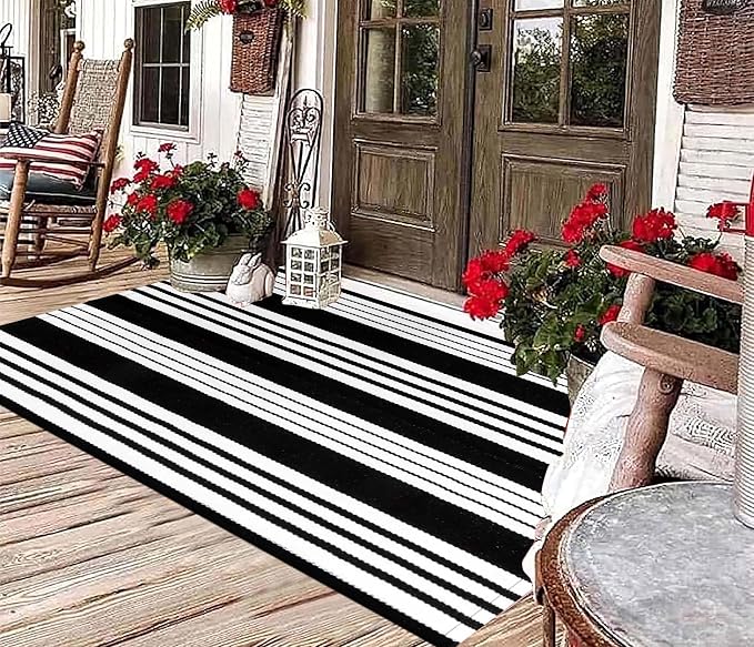 Black and White Outdoor Rug 3'x 5',Striped Farmhouse Front Porch Mat | Machine Washable Hand-Woven Outdoor Front Porch Rug Combined Use With Hello Welcome Mat