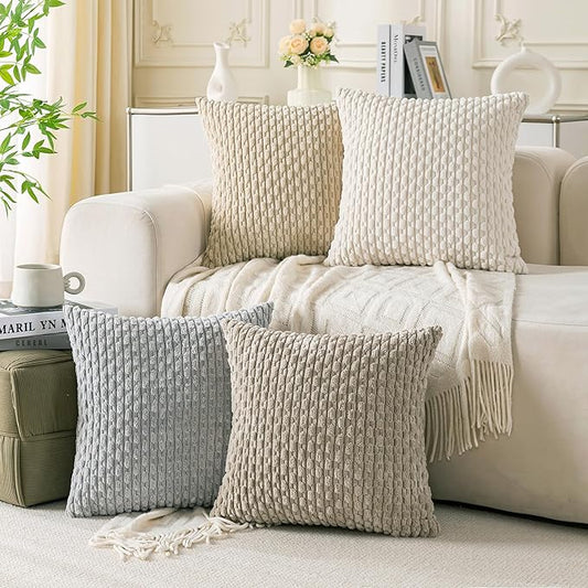Set of 4 Neutral Decorative Throw Pillow Covers 26x26 Inch Corduroy Pillow Covers for Bed Couch Sofa Living Room Soft Square Cushion Cases