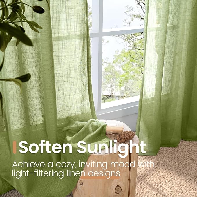BGment Green Linen Curtains 45 Inch Length - 2 Panels Set Sheer Drapes Rod Pocket for Living Room Bedroom Lightweight, 2 Panels Set, 42 X 45 Inch