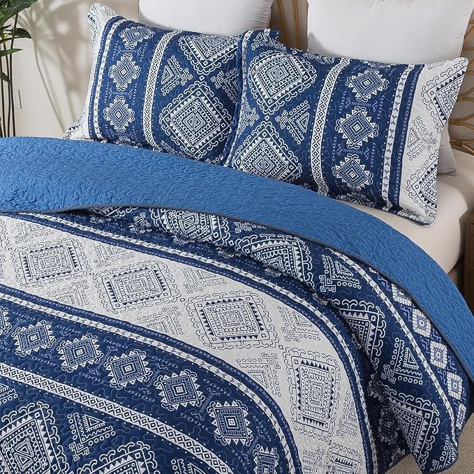 Travan 3-Piece Quilt Set Quilted Bedspread Garden Style Floral Printed Oversized Microfiber Lightweight Coverlet Set with Shams, Exquisite, Queen Size