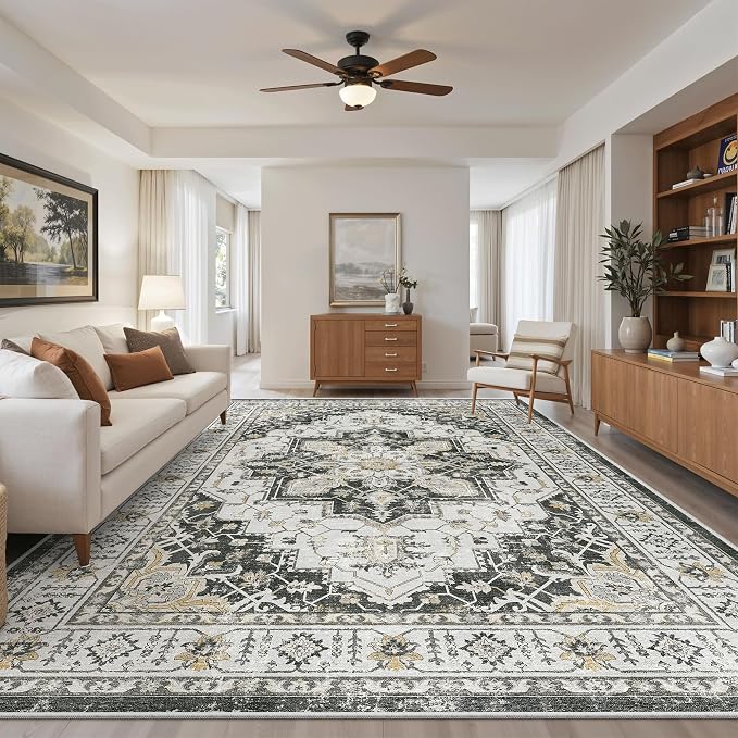 Madane 8x10 Area Rugs for Living Room, Non-Slip Vintage Washable Rug, Black | Ultra-Thin Stain Resistant Large 8'X10' Carpet, Soft Low Pile Floor Mat For Bedroom Dining Room Office Home Decor