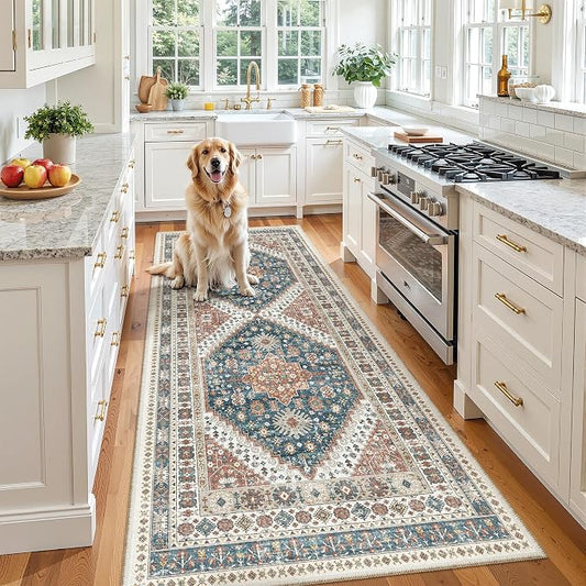 Madane Hallway Runner 3x8, Kitchen Rugs Washable Entry Rug, Navy Blue | Vintage Non Slip Entryway Indoor Area Rugs, Soft Low-Pile Farmhouse Wide Carpet Runners for Bathroom Living Room Bedroom