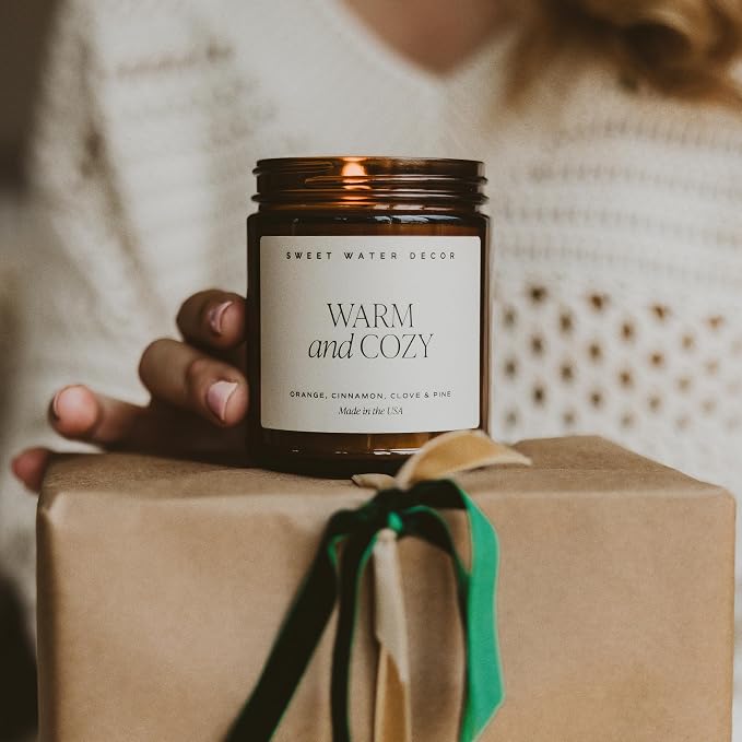 Sweet Water Decor Warm and Cozy Soy Candle - Orange Peel, Cinnamon, Ginger and Clove Scented Candles for Home - 9oz Amber Jar + Black Lid, 40+ Hour Burn Time, Made in the USA (Pack of 2)