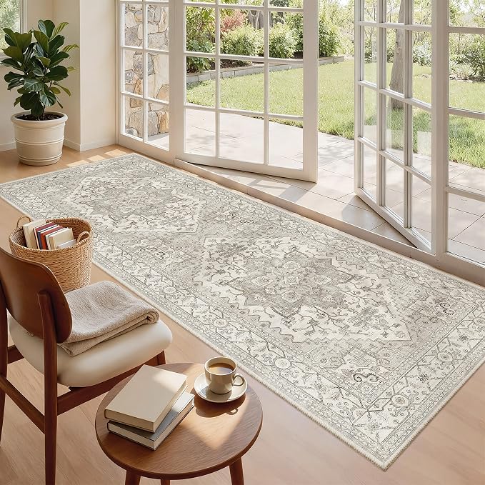 Madane Hallway Runner 3x8, Kitchen Rugs Washable Entry Rug, Beige/Brown | Vintage Non Slip Entryway Indoor Area Rugs, Soft Low-Pile Farmhouse Wide Carpet Runners for Bathroom Living Room Bedroom