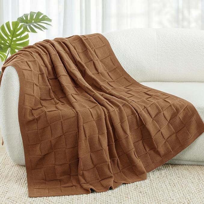 Whale Flotilla Checkered Knit Throw Blanket for Couch, Brown | Soft Decorative Knitted Blankets for Couch Sofa Bed, Lightweight Cozy Throws for Spring Summer, 50x60 Inch