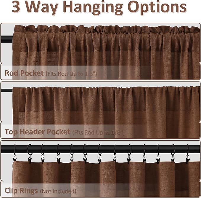 Caramel Brown Linen Curtains 108 Inches Long 2 Panel Set Rod Pocket Semi Sheer Dining Room Cozy Bedroom Decor Cotton Look Country Rustic Farmhouse Boho Curtains 52x108