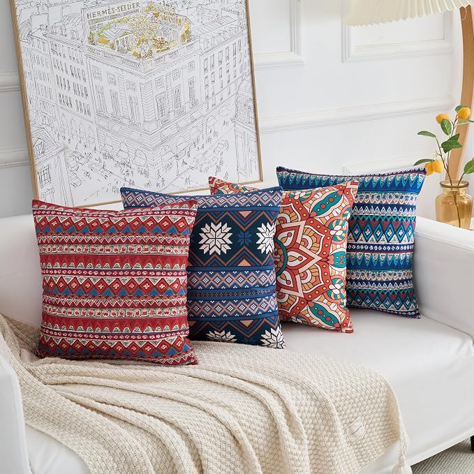 Couch Bohemian Double-Sided Patterned Throw Pillow Covers 18X18 Inch Set of 4 Square Farmhouse Decorative Cushion Covers BOHO Vintage Pillow Cases For Sofa Living Room Bedroom Outdoor Patio Porch