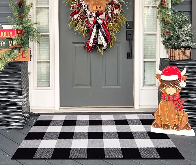 Black and White Layered Doormat 24''x35''Buffalo Plaid Checkered Rug Cotton Machine Washable Mat for Front Porch, Kitchen, Farmhouse, Entryway,Bathroom