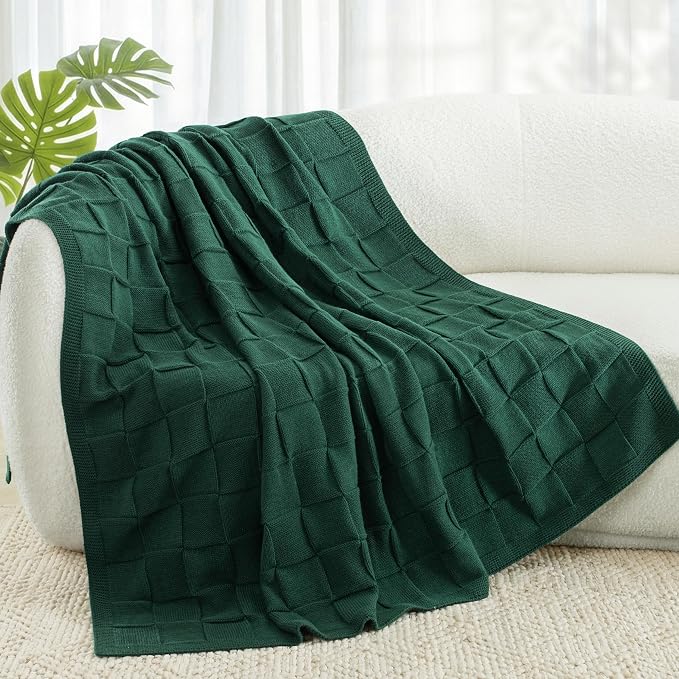 Whale Flotilla Checkered Knit Throw Blanket for Couch, Dark Green | Soft Decorative Knitted Blankets for Couch Sofa Bed, Lightweight Cozy Throws for Spring Summer, 50x60 Inch