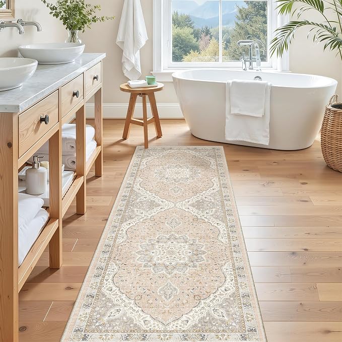 Madane Washable Runner Rug 2x6 Runners for Hallways Non Slip, Pink/Gray | Vintage Stain-Resistant 6 Feet Kitchen Rug, Soft Low-Pile Ultra-Thin Floor Carpet Mat for Bathroom Laundry Room Bedroom 2x6ft