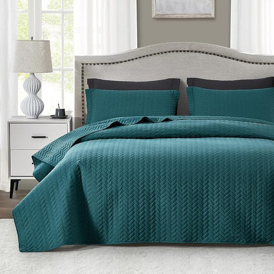 Maple&Stone Teal Quilt Set King Size, Lightweight Bedspread | Breathable Coverlet with Chevron Pattern, All-Season Dorm Bed Cover Set Bedding Decor 3 Piece