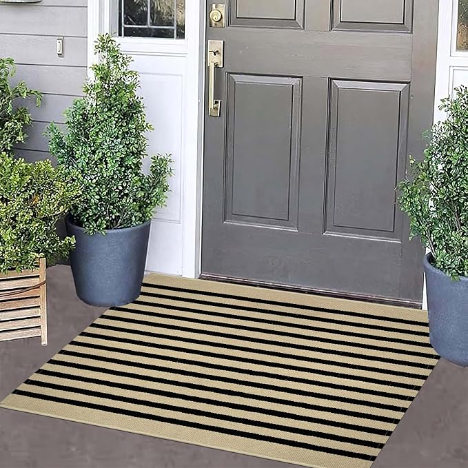 Front Door Mat Outdoor 2'x3',Black and Khaki Striped Outdoor Rug Washable Cotton Layered Door Mat Entryway Throw Rug for Indoor Entrance