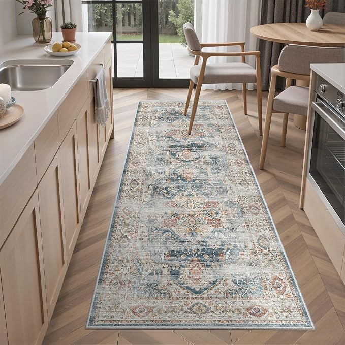 Madane Washable Runner Rug 2x6 Runners for Hallways Non Slip, Navy | Vintage Stain-Resistant 6 Feet Kitchen Rug, Soft Low-Pile Ultra-Thin Floor Carpet Mat for Bathroom Laundry Room Bedroom 2x6ft