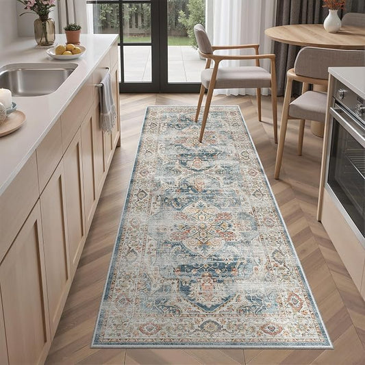 Madane Washable Runner Rug 2x6 Runners for Hallways Non Slip, Navy | Vintage Stain-Resistant 6 Feet Kitchen Rug, Soft Low-Pile Ultra-Thin Floor Carpet Mat for Bathroom Laundry Room Bedroom 2x6ft