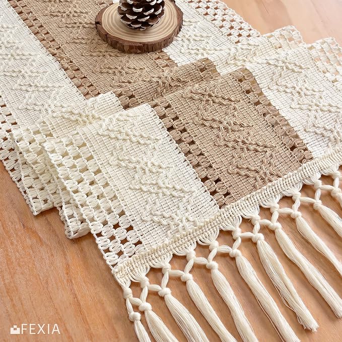 FEXIA Boho Table Runner 12x72 for Fall Home Decor Tassels Dresser Runner | 72 Inches Long Modern Farmhouse Rustic Burlap Table Decoration for Bedroom Living Dining Room Baby Shower Autumn Decor