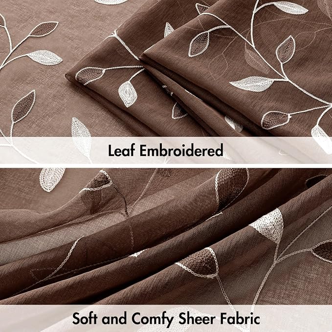 MIULEE Chocolate Brown Sheer Curtains 2 Panels Leaf Patterned, W52 x L96 | Embroidered Floral Semi Sheer,Rod Pocket,Faux Linen,Short Window Curtains Drapes Set for Kitchen/Bathroom/Cafe