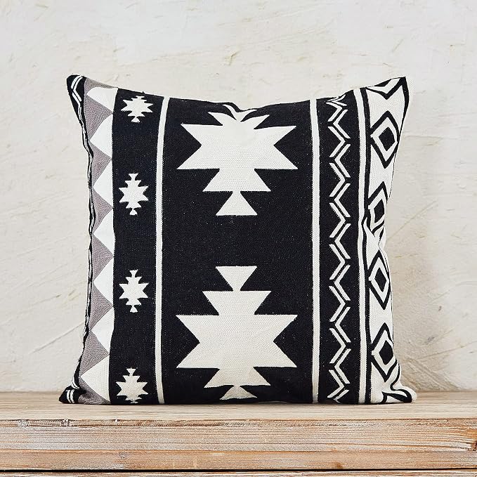 IKATYARN Black White Aztec Southwestern Throw Pillow Cover, Boho Tribal Geometric Pillowcase, Modern Farmhouse Cushion Case for Couch Sofa Bed, 18"x18"