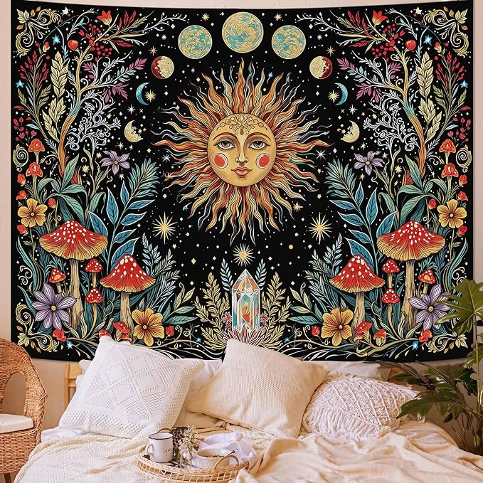 Accnicc Boho Sun and Moon Tapestry Hippie Mushroom Floral Wall Tapestry for Bedroom Aesthetic Vintage Plant Celestial Spiritual Small Tapestries Wall Hanging for Dorm Living Room Decor 60 x 44 Inch