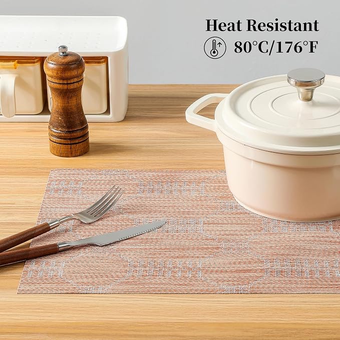 Leetaltree Coral Placemats Set of 4 - Heat Resistant Non-Slip Place mats for Dining Table, Washable Durable PVC Vinyl Woven Table Mats（Coral, 4）