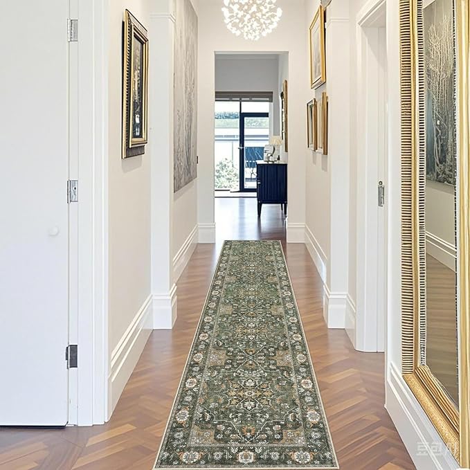 Hallway Washable 2x10 Runner Rug - Kitchen Rugs Non Slip Entryway Rug Runner Vintage Soft Floral Floor Mat Low Pile Indoor Farmhouse Carpet for Bathroom Living Room Bedroom (Green,2x10)