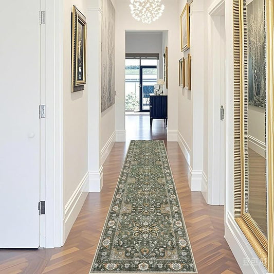 Hallway Washable 2x10 Runner Rug - Kitchen Rugs Non Slip Entryway Rug Runner Vintage Soft Floral Floor Mat Low Pile Indoor Farmhouse Carpet for Bathroom Living Room Bedroom (Green,2x10)
