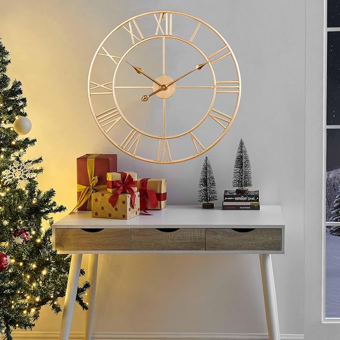 CLXEAST Silent 24 Inch Wall Clock for Living Room Decor,Gold Roman Numeral | Non Ticking,Thicker Champagne Gold Metal Wall Clock for Dinning Room,Entryway,Home Office & Fireplace Decor