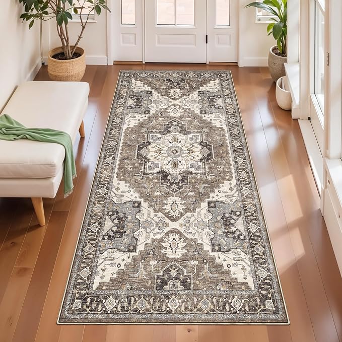 Kitchen Runner Rug 3x6 Non-Slip - Washable Vintage Rugs with Rubber Backing for Living Room Hallway Low Pile Easy Clean Carpet Soft Thin Lightweight Floor Mat for Bedroom Laundry Room(Beige,3x6)