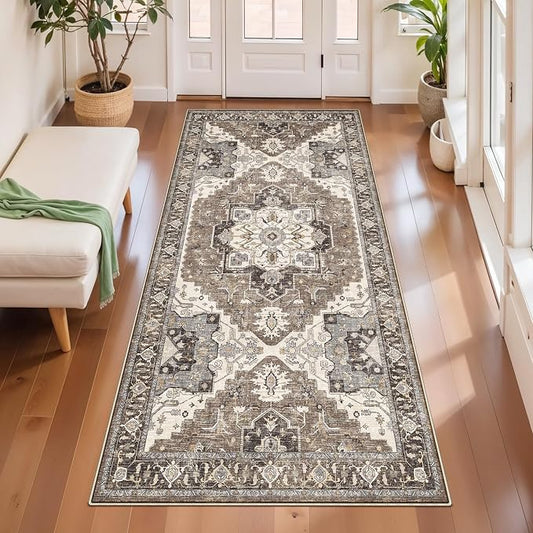 Kitchen Runner Rug 3x6 Non-Slip - Washable Vintage Rugs with Rubber Backing for Living Room Hallway Low Pile Easy Clean Carpet Soft Thin Lightweight Floor Mat for Bedroom Laundry Room(Beige,3x6)