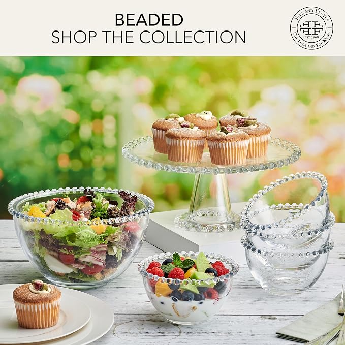 Fitz & Floyd Beaded Large Glass Cake Stand, 10.75 Inch Clear Glass Pedestal Cake Stand for Desserts, Appetizers, and Entertaining