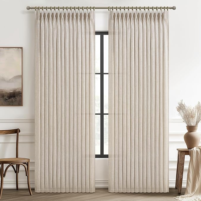 Extra Wide Natural Linen Curtains 84 Inch Length 2 Panels for Bedroom, Elegant Memory Shape Pinch Pleated Sheer Cream Oatmeal Viral Curtain 70 x 84 Inches Long Light Filtering for Dining Room Windows
