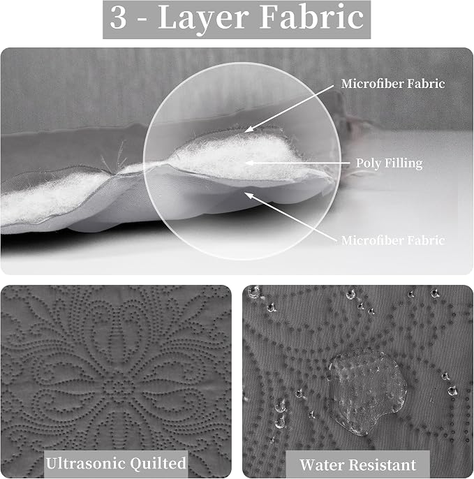 Easy-Going Reversible Quilt Set King, Bedspread with 2 Shams | Damask-Gray/Light Gray, Lightweight Microfiber Bed Comforter, 1 Quilt + 2 Pillow Shams, All-Season Coverlets for Bedroom