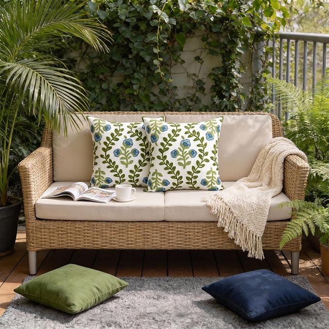 Alysheer Floral Embroidered Summer Decorative Throw Pillow Covers 18"x 18" Set of 2, Farmhouse Blue Flowers Green Vines Patterned Cotton Cushion Cases for Couch Bed Living Room Cottage Decor
