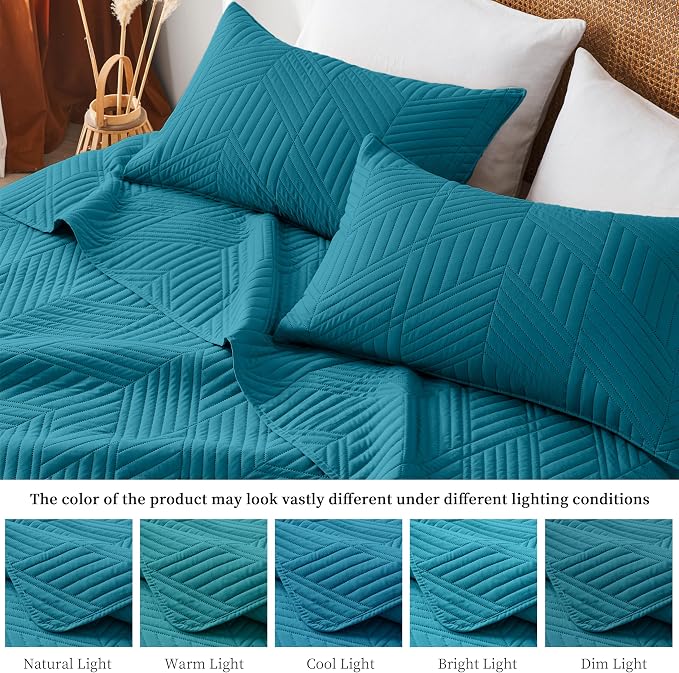 Davulos Full/Queen Quilt Set in Teal, Soft Reversible Microfiber Bedspread for All-Season Use, Lightweight Coverlet with Modern Geometric Pattern (1 Quilt, 2 Pillow Shams)