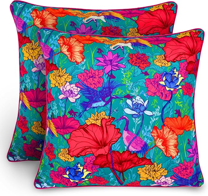 Balios Velvet Pillow Covers Cases 18 x 18 Inch, Set of 2, Double-Layered Decorative Cushion Covers 45 x 45 cm for Sofa Couch Bedroom Living Room, Magical Nature Multicoloured Teal