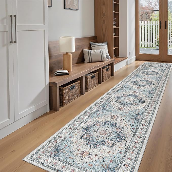 Madane Washable Runner Rugs 2x12 Long for Hallway Kitchen Soft, Blue | Non-Slip Vintage Printed 12ft Rug Runners with Rubber Backing, Thin Low-Pile Floor Carpet Laundry Room Entryway, Corridor