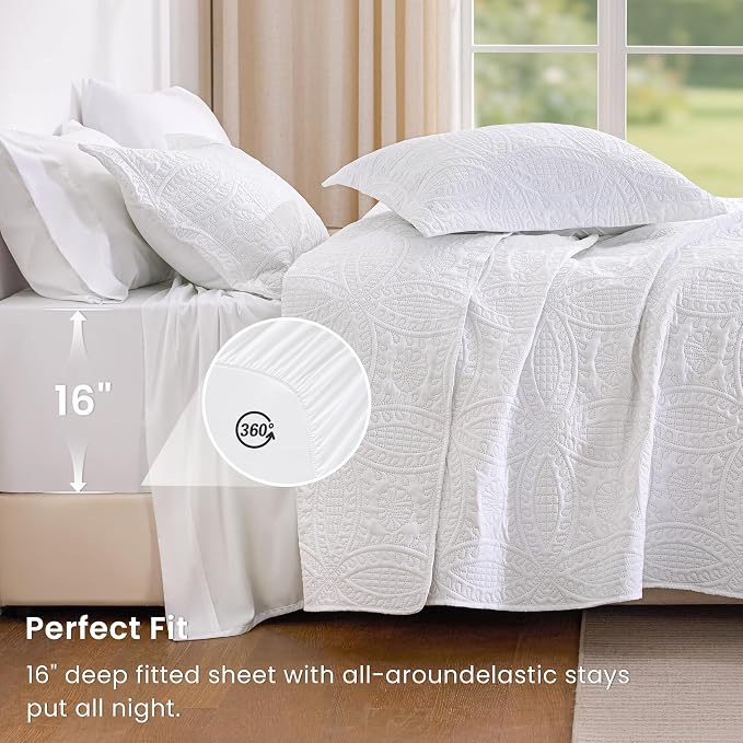 Love's cabin Queen Quilt Set White, Bed in a Bag Queen Size Bedding 7 Pieces, Ultrasonic Embossed Coin Pattern Comforter, Lightweight Bedspreads for All Seasons Quilt with Sheets, Pillowcases & Shams