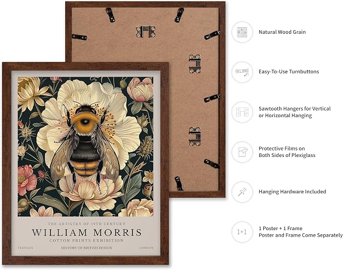 Poster Master William Morris Poster - Bumble Bee Print - Flower Art - Botanical Art - Exhibition Illustration - Animal Illustration - Floral Painting - Bee Artwork - Aesthetic Office or Bedroom Decor - 11x14 Brown Framed